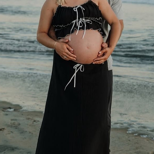 Momsmood Black Suspender Skirt Belt Crop Wavy Edge Drawstring Two Piece Photoshoot Maternity Maxi Dresses