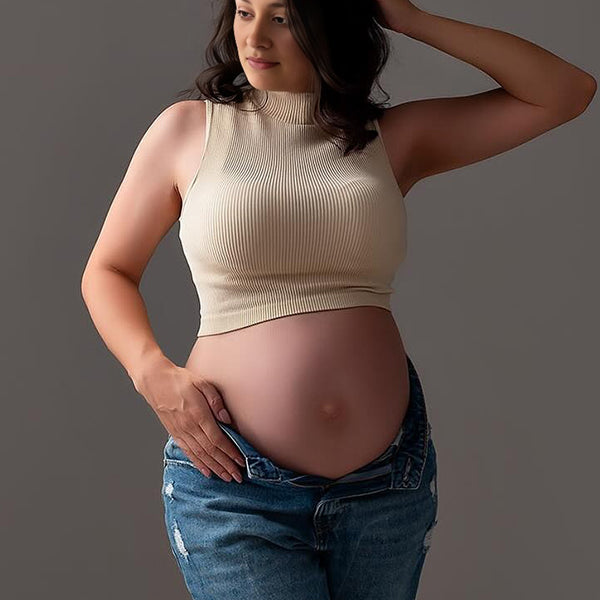 Momsmood Apricot Knitted Crop High Neck Sleeveless Chic Maternity Top