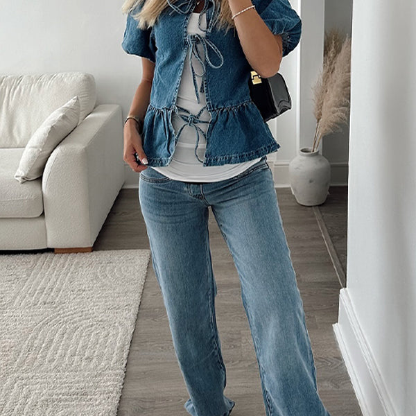 Momsmood Blue Flouncy Bow Puff Sleeve Denim Photoshoot Maternity Other Tops
