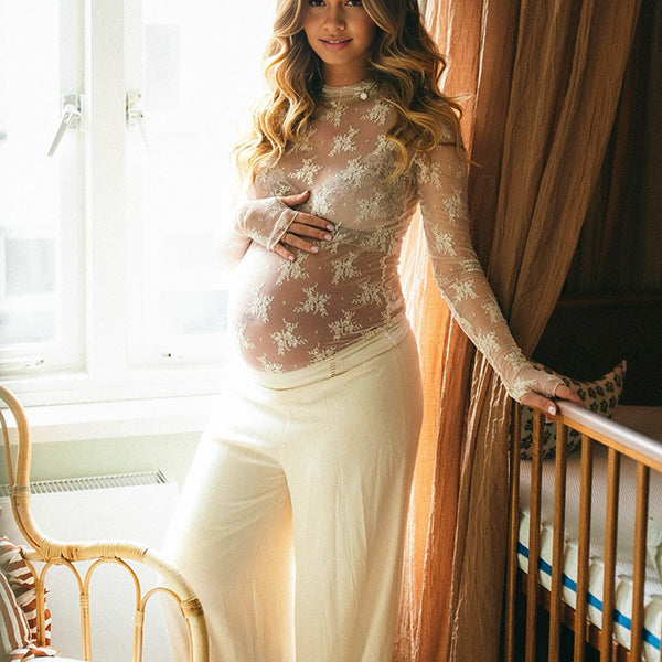 Momsmood Lace Sheer Ruffle Band Neck Photoshoot Maternity Top