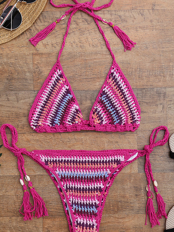 Momsmood Pink Halter Neck Backless lace-up Tassel Knitted Bikini Elegant Beach Maternity Swimwear