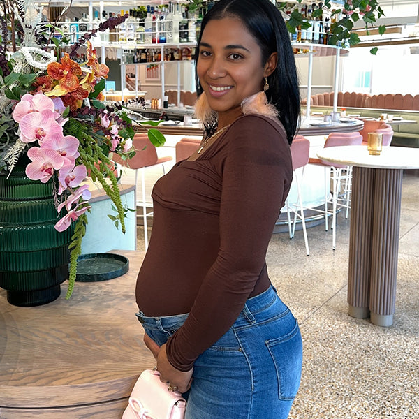 Momsmood Dark Brown Solid Color Oblique Shoulder Ruched Fashion Daily Date Party Maternity Top