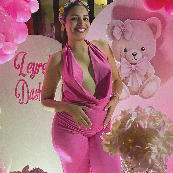 Momsmood Rose Carmine Deep V Halter Neck Open Back Banquet Ceremony Maternity Photoshoot Jumpsuit