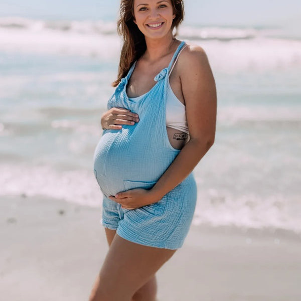Light Blue Knot Pockets Photoshoot Maternity Short Overall
