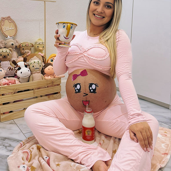 Momsmood Baby Pink Lace-Trim Bow Crop Two Piece Pyjama Set Casual Maternity Going Out Outfit