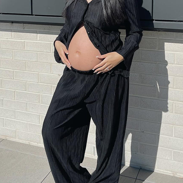 Momsmood Black Flare Sleeve V-neck Buttons Elegant Photoshoot Maternity Outfit