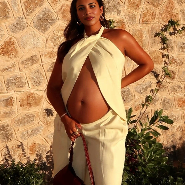 White Halter Neck Two Piece Jogger Set Maternity Clothes