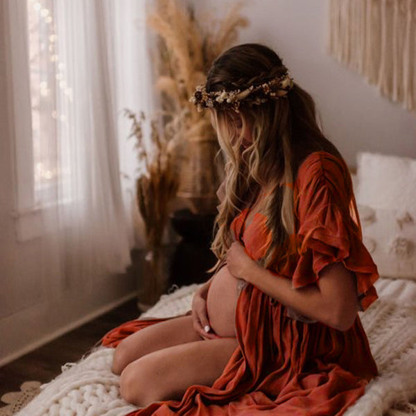 Momsmood Red Drawstring Single Breasted Ruffle Tie Back Maternity Photoshoot Maxi Dress