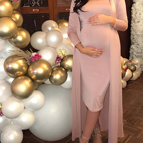 Momsmood Maternity Two Piece Glitter Pink 2-in-1 Bodycon Elegant Baby Shower Work Midi Dress