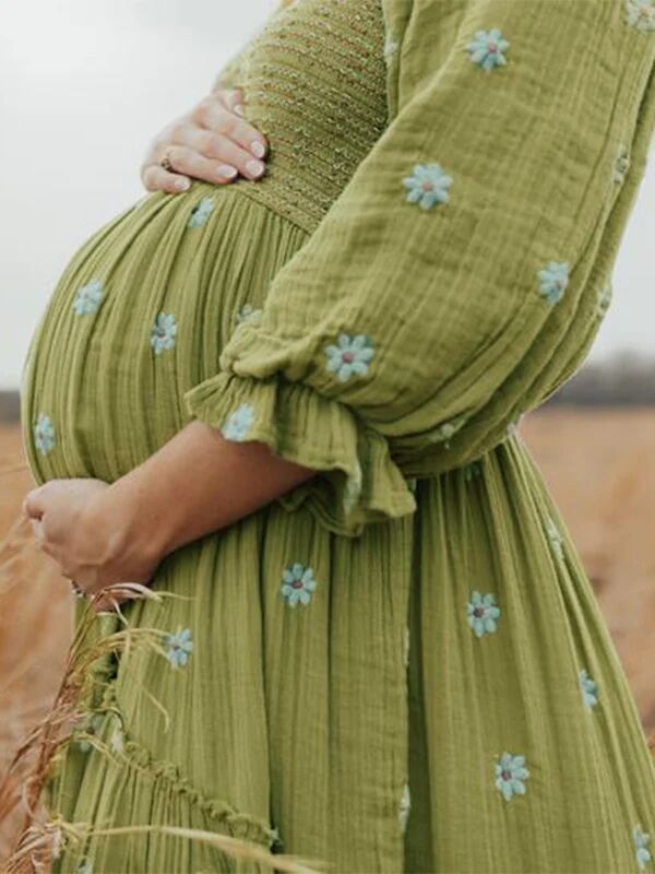 Momsmood Sun Flowers Square Smocked Neck Puff Sleeve Big Swing Flowy Baby Shower Photoshoot Maternity Maxi Dress
