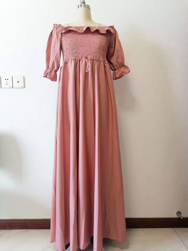 Momsmood Maternity Pink Ruffle Smocked Off Shoulder Boat Neck Baby Shower Photoshoot Maxi Dress