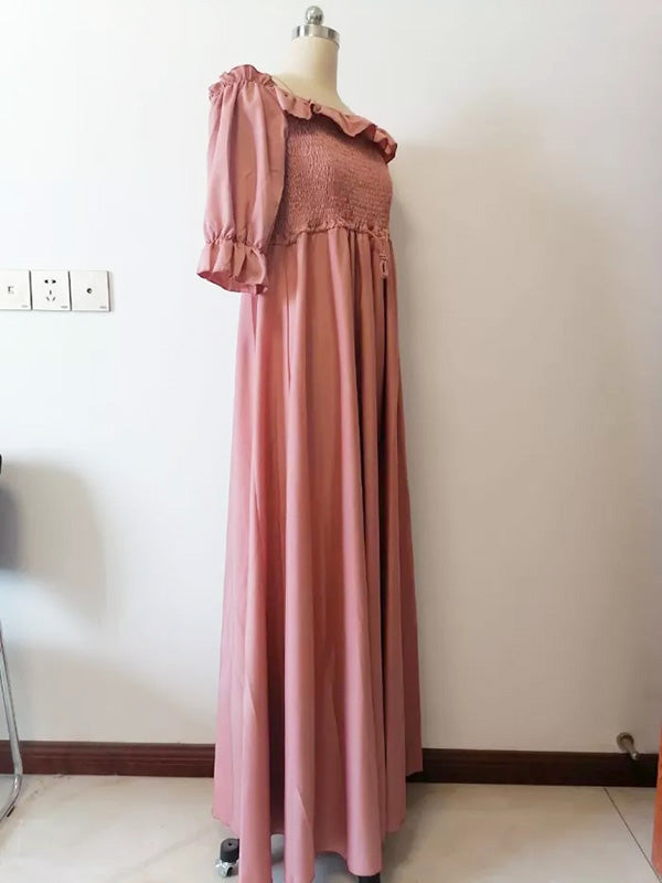 Momsmood Maternity Pink Ruffle Smocked Off Shoulder Boat Neck Baby Shower Photoshoot Maxi Dress