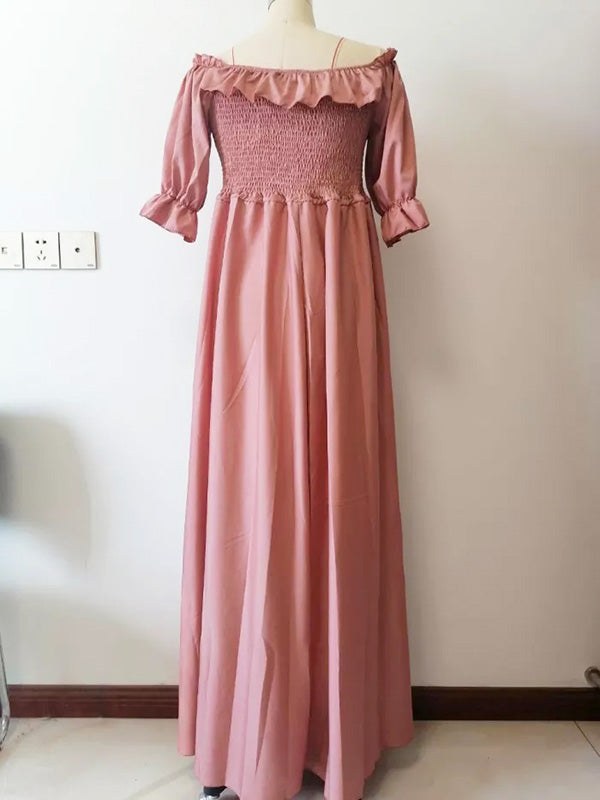Momsmood Maternity Pink Ruffle Smocked Off Shoulder Boat Neck Baby Shower Photoshoot Maxi Dress