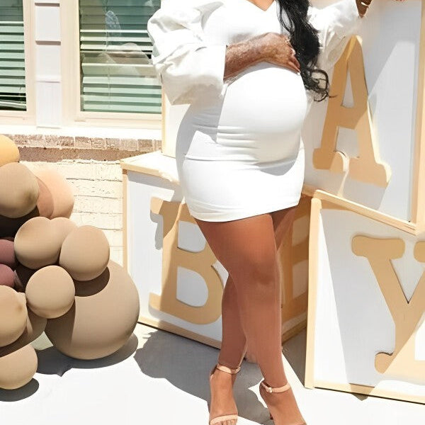Momsmood White Off Shoulder Lantern Sleeve Bodycon Party Cute Formal Baby Shower Maternity Mini Dress