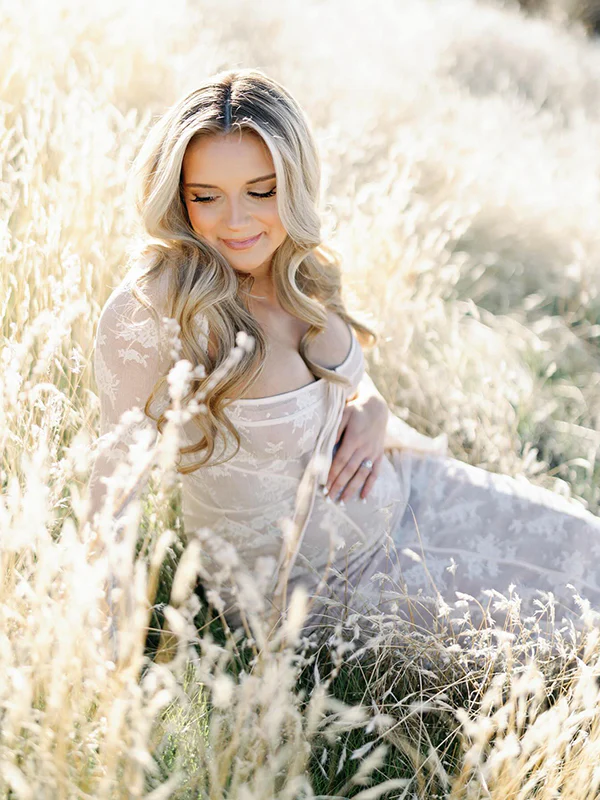 Momsmood White Lace Corset Square Neck Flare Sleeve Off Shoulder Bodycon Maternity Maxi Dress/Gown