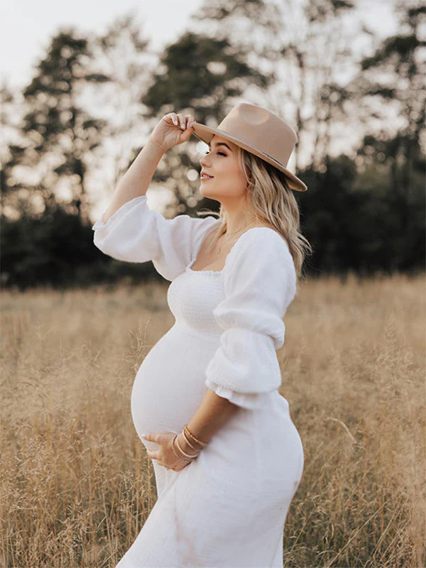 Momsmood White Ruffle Ruched High Waist Puff Sleeve Cute Photoshoot Maternity Maxi Dress