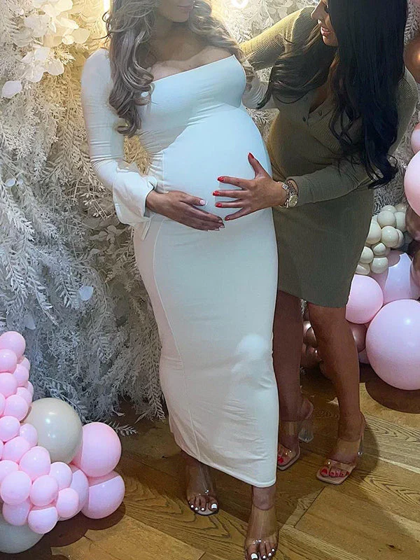 Momsmood Elegant Long Sleeve Maternity Dress Ultimate Baby Shower Outfit White Bodycon Dress to Embrace Your Bump