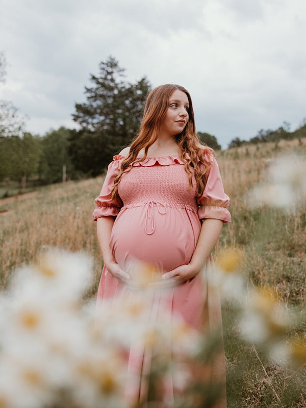 Momsmood Maternity Pink Ruffle Smocked Off Shoulder Boat Neck Baby Shower Photoshoot Maxi Dress
