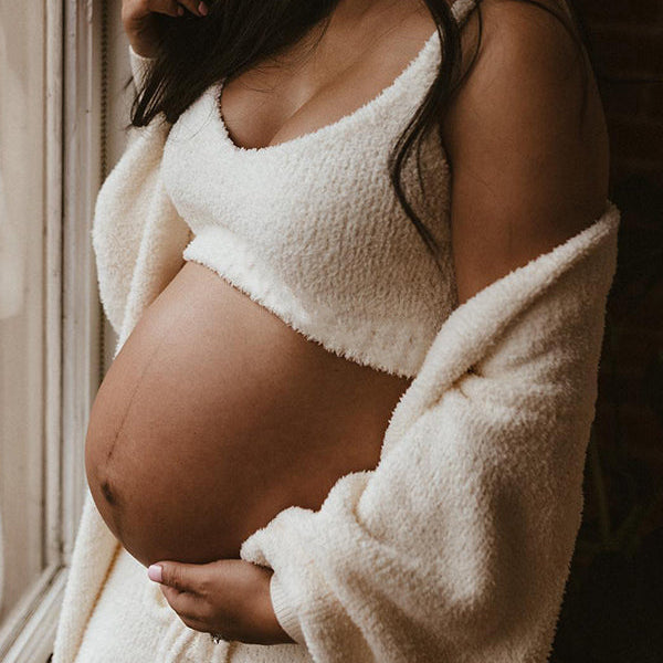 Momsmood Ivory Three-piece Cozy Knit Set Plus Size Crop Top Cardigan Fluffy Loungewear Casual Daily Maternity Outfit