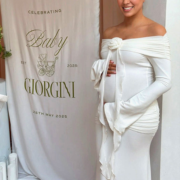 White Off Shoulder 3D Flower Maternity Baby Shower Maxi Dress