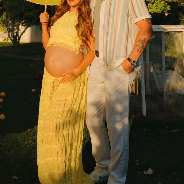 Yellow 2 Pieces Ruched Backless Ruffle Tie Photoshoot Maternity Maxi Dress