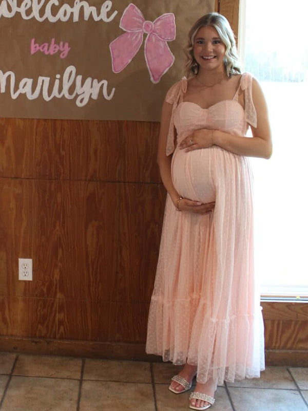 Momsmood Light Pink Polka Dot Bow Ruffle Falbala Tie-Shoulder A-line Tulle Princess Dress Elegant Maternity Photoshoot Baby Shower Maxi Dress