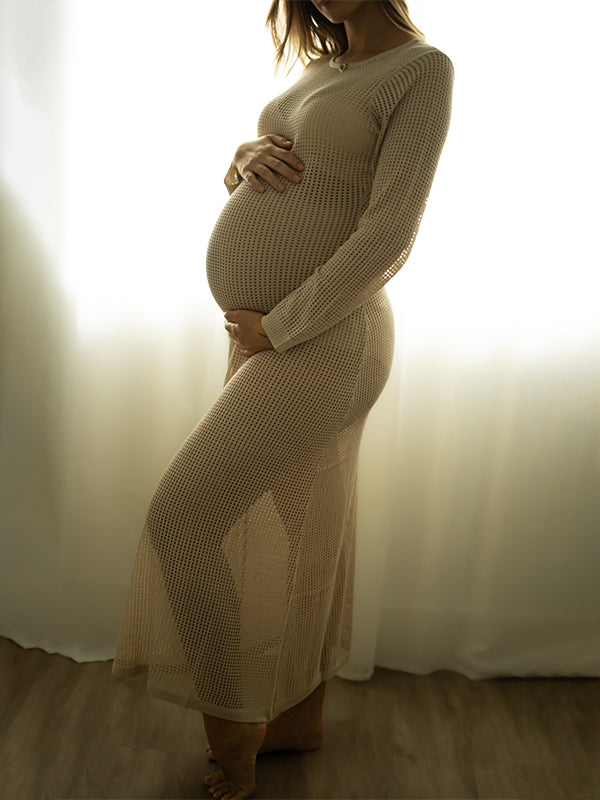 Momsmood Beige Back Tie Knit Cut Out Flare Sleeve Elegant Photoshoot Baby Shower Maternity Maxi Dress