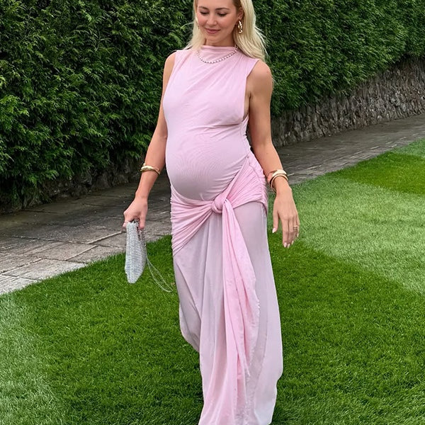Momsmood Pink Lace-up Pennant Grenadine Banquet Party Baby Shower Maternity Photoshoot Maxi Dress