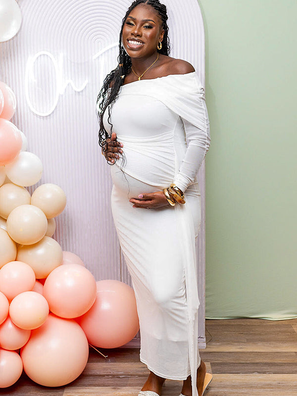 Momsmood White Mesh Irregular Ruched Draped Off Shoulder Bodycon Elegant Cocktail Party Gown Maternity Photoshoot Baby Shower Maxi Dress