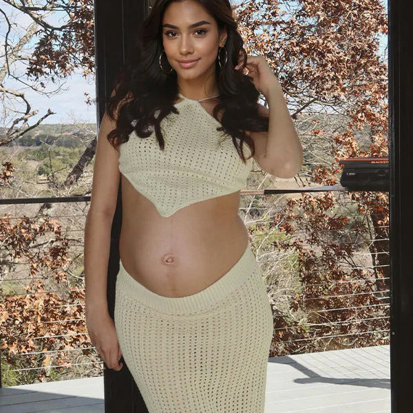 Momsmood Beige 2 Piece Halter Neck Crochet Fashion Beach Vacation Bodycon Maternity Maxi Dress