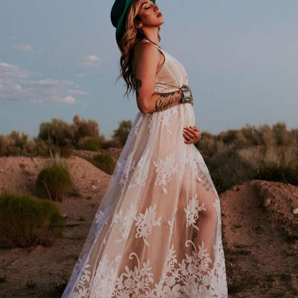 Momsmood Maternity Evening Tulle Embroidery Plunging Neckline Cami Boho Photoshoot Maxi Dress