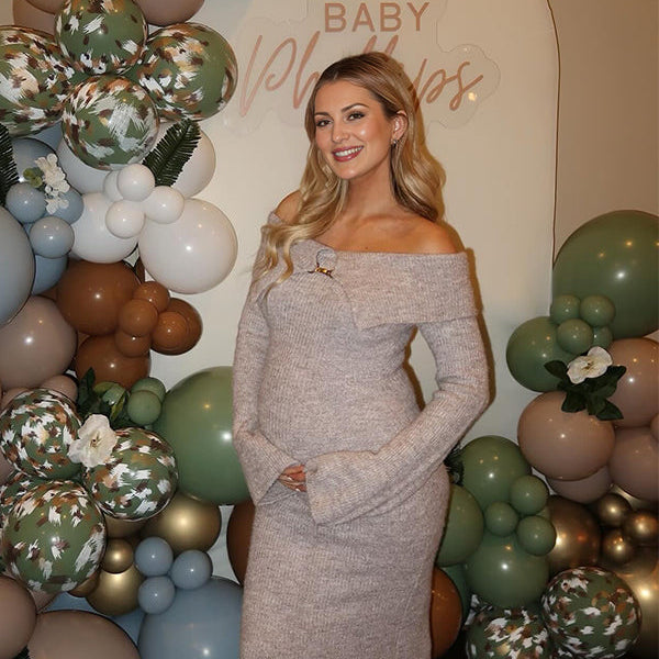 Momsmood Off Shoulder Fluffy Knit Bardot Neckline Flare Sleeve Bodycon Elegant Going Out Party Maternity Photoshoot Baby Shower Maxi Sweater Dress