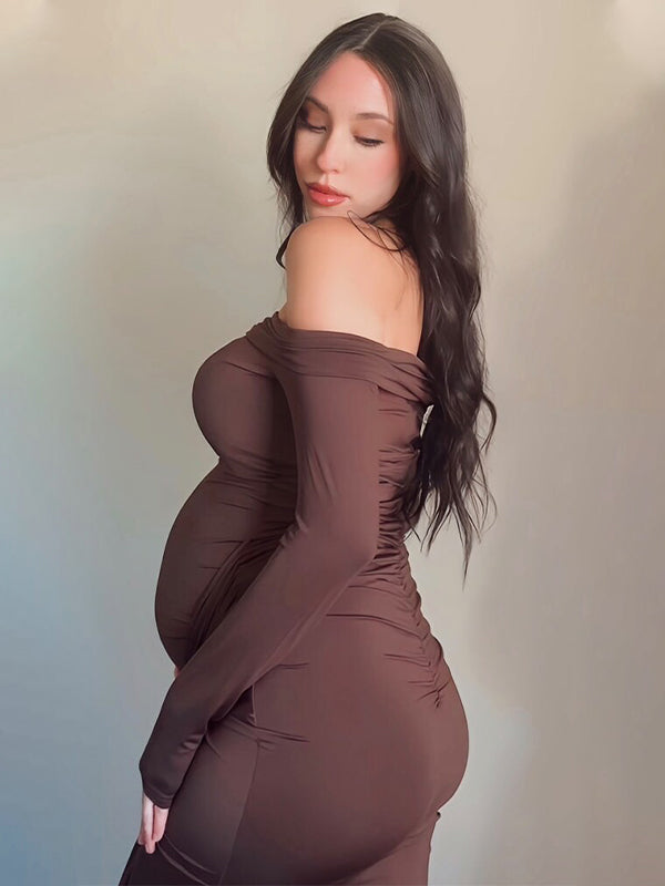 Momsmood Off Shoulder Draped Ruched Metal Buckle Bodycon Elegant Maternity Photoshoot Maxi Dress