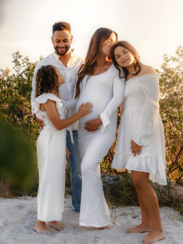 Momsmood Elegant Long Sleeve Maternity Dress Ultimate Baby Shower Outfit White Bodycon Dress to Embrace Your Bump