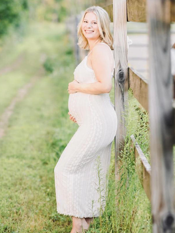 Momsmood Ivory Lace Two Piece Set Side Slit V-neck Cami Maxi Dress And Crop Cardigan Elegant Going Out Maternity Photoshoot Baby Shower Maxi Dress