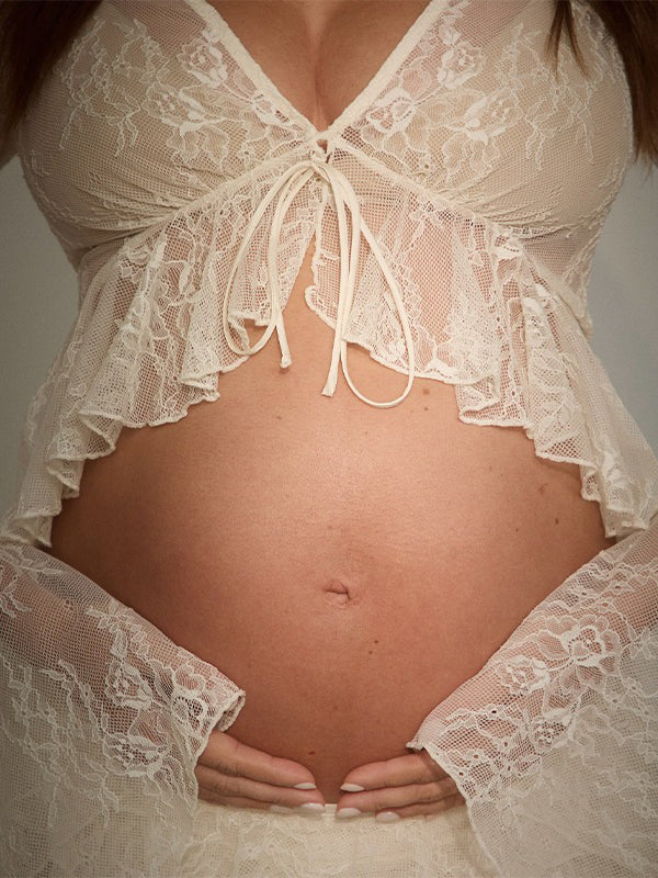 Momsmood 2-in-1 Lace Ruffle Tie Flare Sleeve Sheer Photoshoot Maternity Maxi Dress