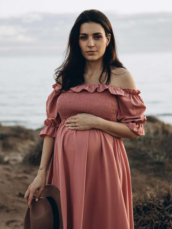 Momsmood Maternity Pink Ruffle Smocked Off Shoulder Boat Neck Baby Shower Photoshoot Maxi Dress