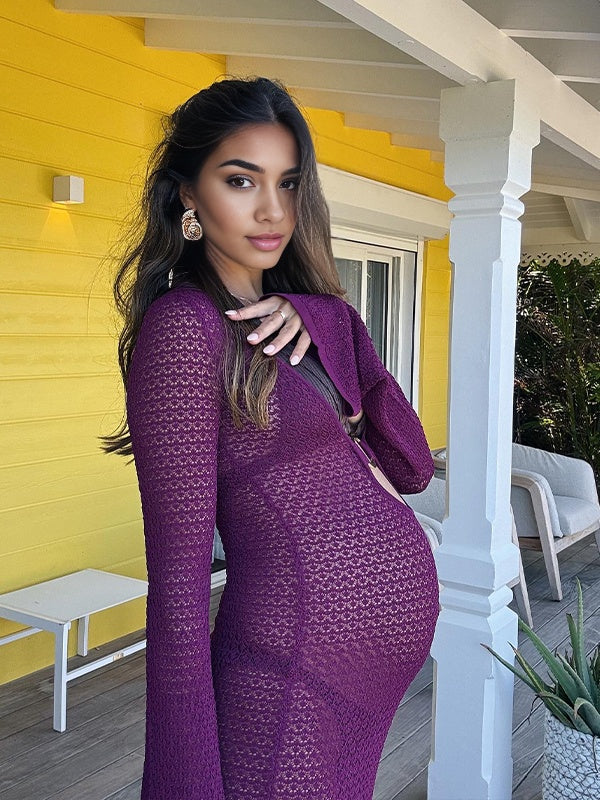 Momsmood Purple Skeleton Metal Decoration Side Slit Beach Vacation Baby Shower Maternity Photoshoot Maxi Dress
