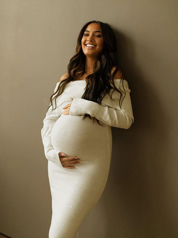 Momsmood Off Shoulder Knit Bodycon Mermaid Going Out Baby Shower Maternity Sweater Maxi Dress