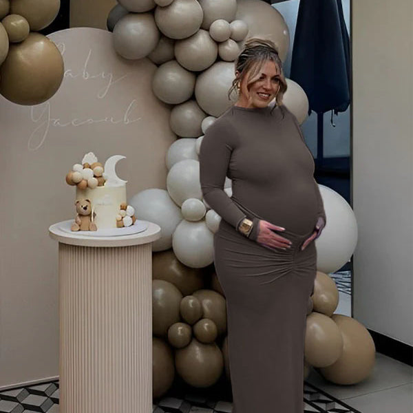 Momsmood Solid Color Ruched High Neck Long Sleeve Bodycon Basic Going Out Elegant Maternity Baby Shower Maxi Dress
