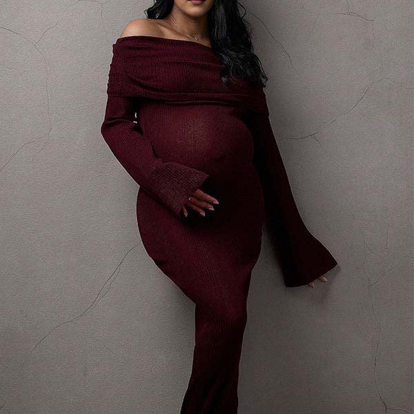 Momsmood Maroon Off Shoulder Solid Color Flare Sleeve Bodycon Elegant Photoshoot Baby Shower Maternity Maxi Dress