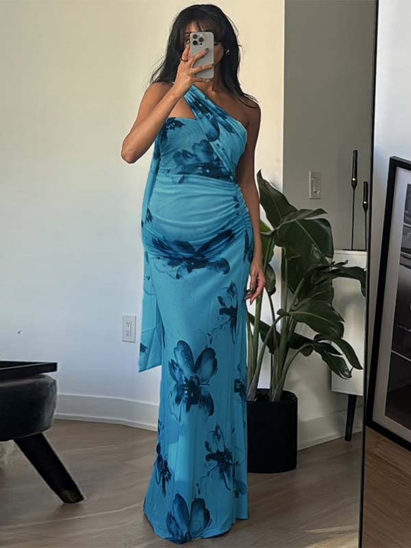 Blue Wrap Floral Ruched Baby Shower Maternity Maxi Dress