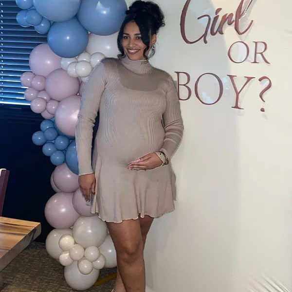 Momsmood Apricot Solid Color Band Neck Flowy Baby Shower Maternity Mini Sweater Dress