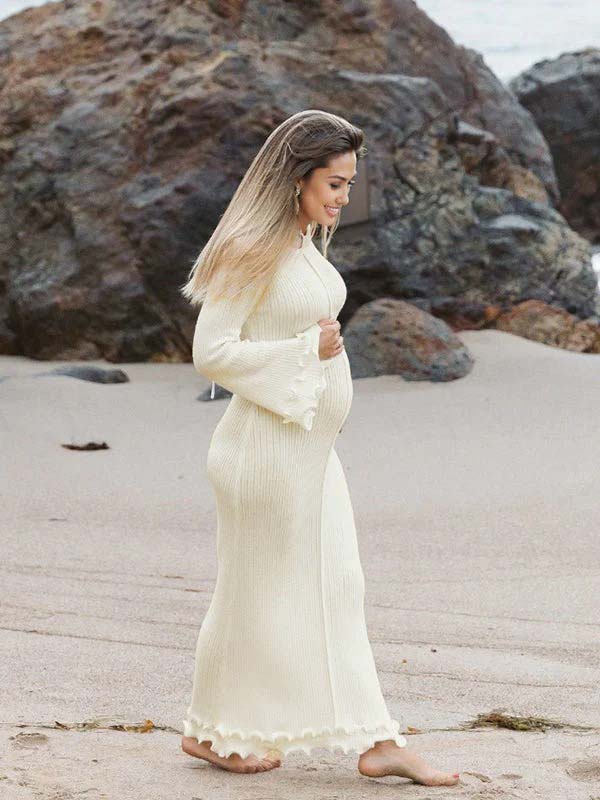 Momsmood White Knit Pleated Tie Back Ruffle Falbala Frill Hem Backless Big Swing Elegant Cocktail Party Gown Maternity Photoshoot Baby Shower Maxi Dress