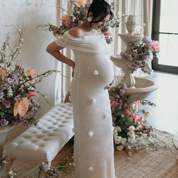 Momsmood White Off Shoulder 3D Flowers Grenadine Sheer Bodycon Elegant Beach Photoshoot Baby Shower Maternity Maxi Dress