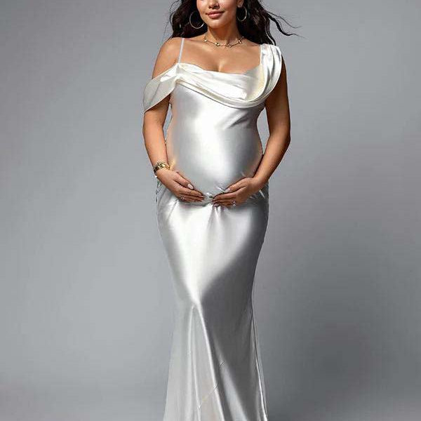 Momsmood White One Off Shoulder Silk Satin Backless Mermaid Photoshoot Evening Gown Baby Shower Maternity Maxi Dress