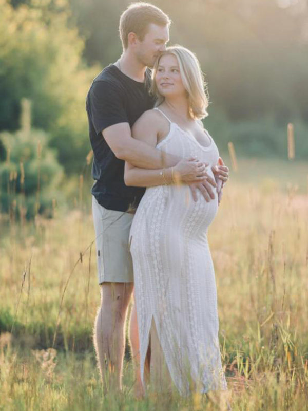 Momsmood Ivory Lace Two Piece Set Side Slit V-neck Cami Maxi Dress And Crop Cardigan Elegant Going Out Maternity Photoshoot Baby Shower Maxi Dress