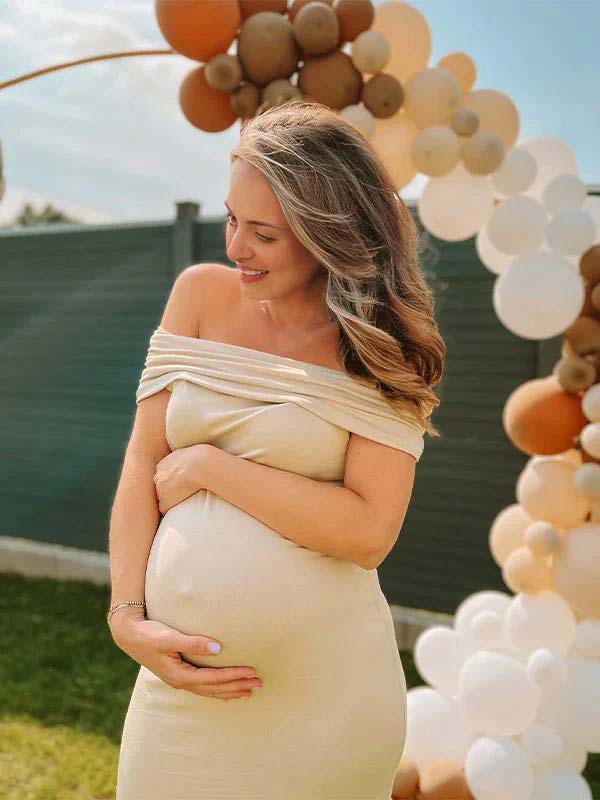 Momsmood Beige Off Shoulder Ruched Back Slit Bodycon Elegant Baby Shower Maternity Maxi Dress