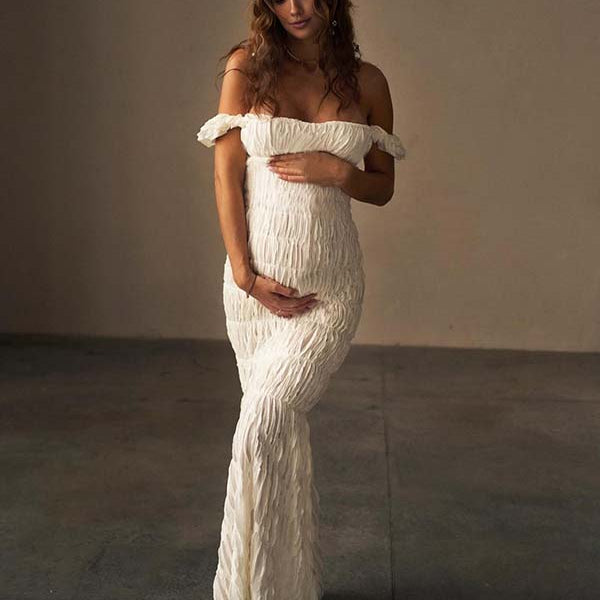 Momsmood Off Shoulder Smocked Ruched Photoshoot Maternity Maxi Dress