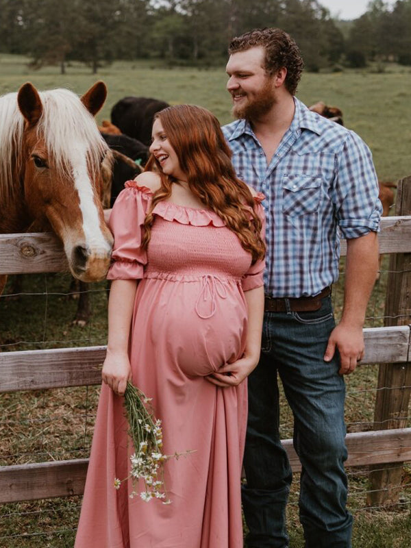 Momsmood Maternity Pink Ruffle Smocked Off Shoulder Boat Neck Baby Shower Photoshoot Maxi Dress